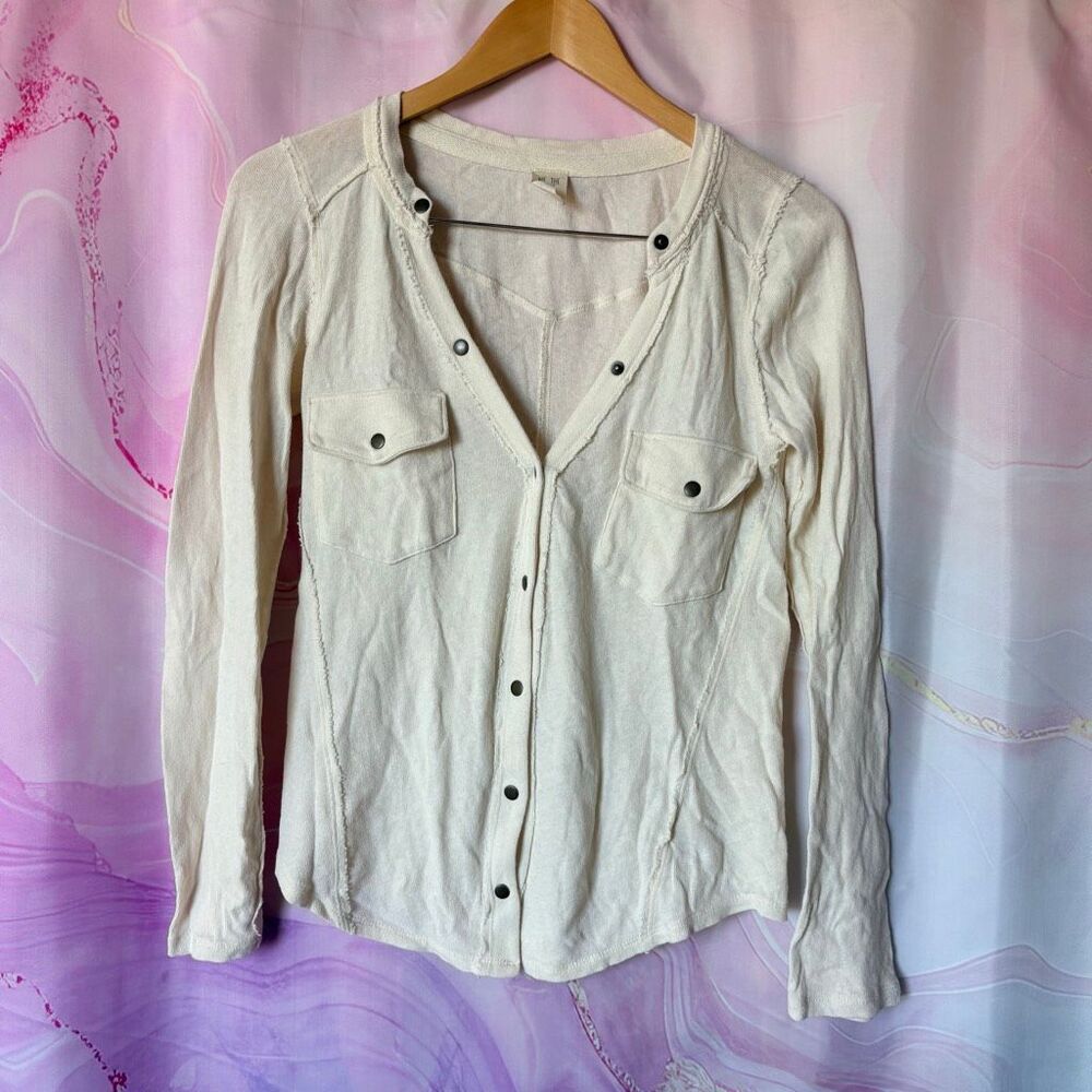 We The Free S Cream Casual Snap Button Down Shirt Boho Boardwalk Preppy Coastal